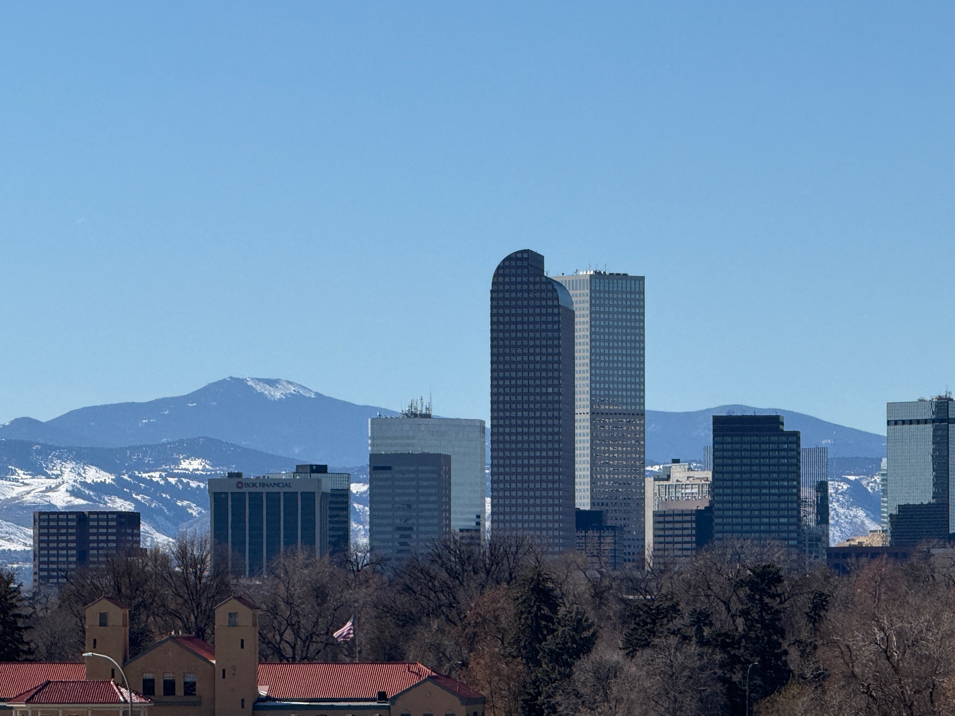 Denver skyline with snowy Front Range peaks