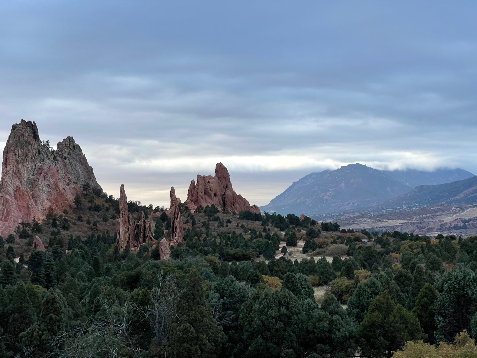 Garden of the Gods spires beneath a soft overcast sky
